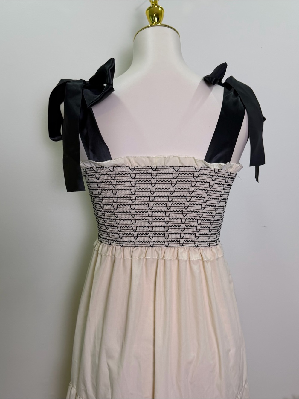 Smocked Bodice Tie-Shoulder Maxi Dress — Cream with Black Details Size Small - Picture 5 of 7